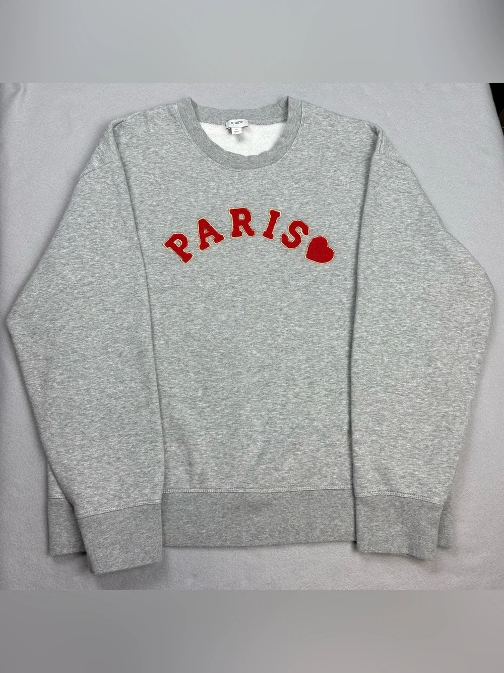 J. Crew Gray Crewneck Sweatshirt with Red 'PARIS' Appliqué and Heart